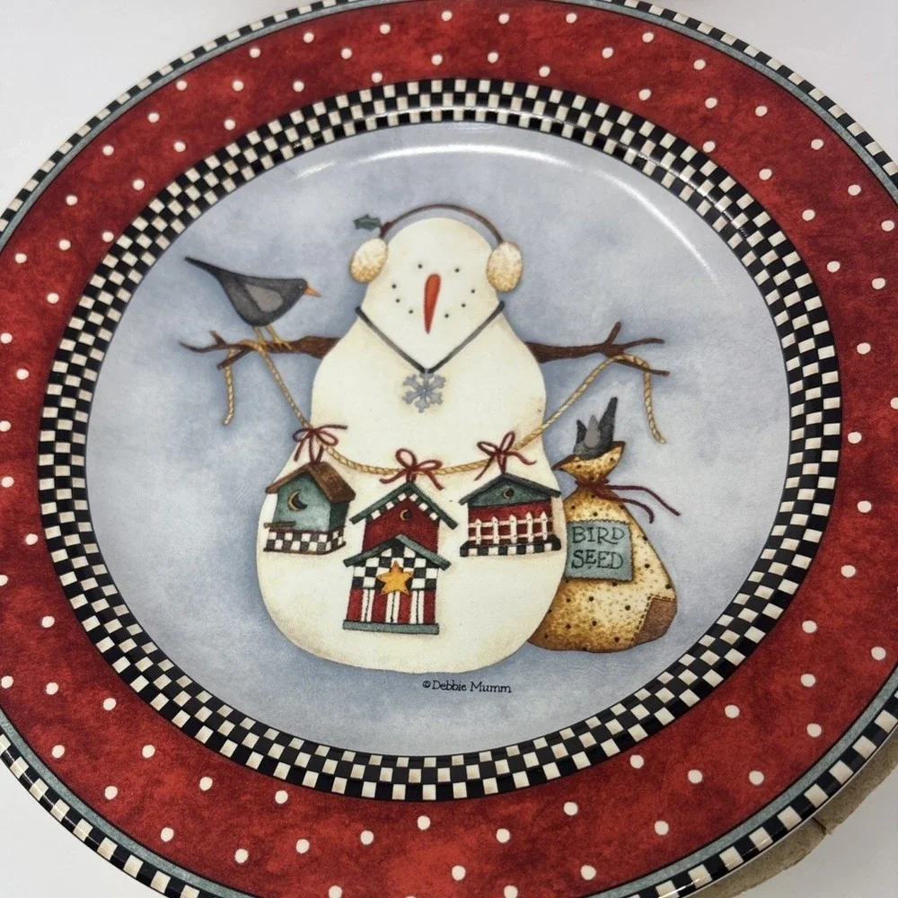 Debbie Mumm Frosty Folks Snowman Dessert Salad Plate Set of 4 Sakura Red Black‎